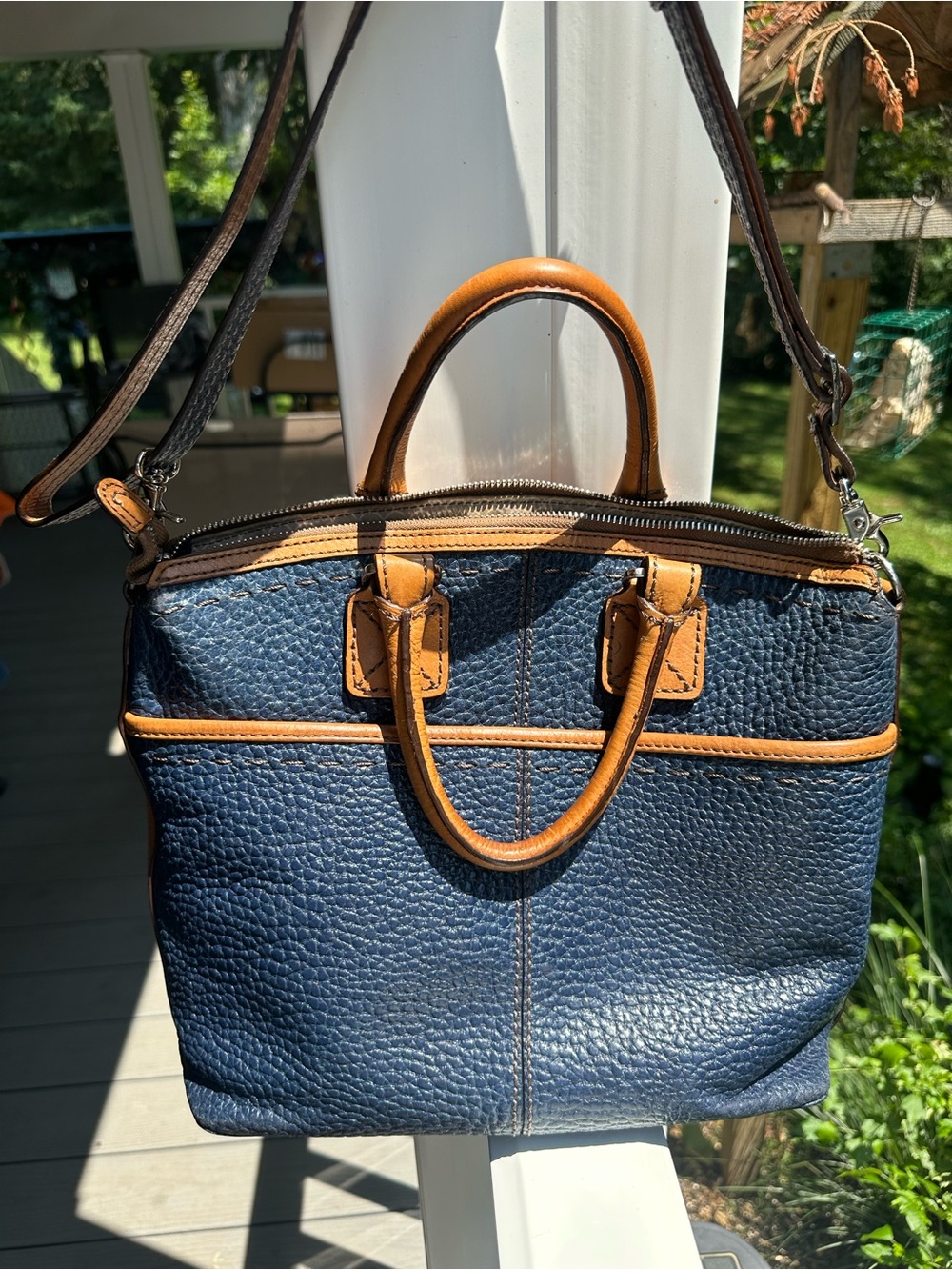 Brighton Navy Blue pebbled leather with Tan Leather Patch Tote - Picture 11 of 15